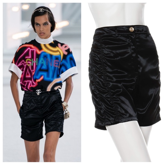 Chanel SS21 Black Satin Shorts w/ Ruched Sides & Gold Logo Button Size 40